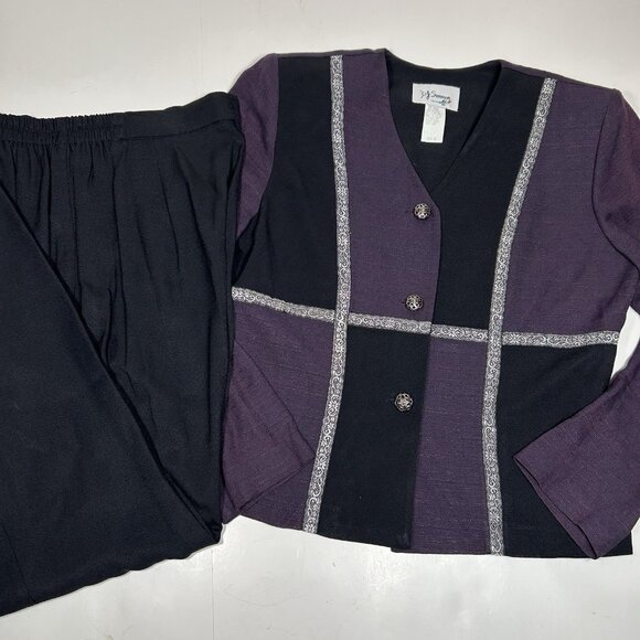Vtg D.J. Summers Women 2Pc Jacket & Pants Set Black Purple Lace Line Sz 10 USA - Picture 1 of 13